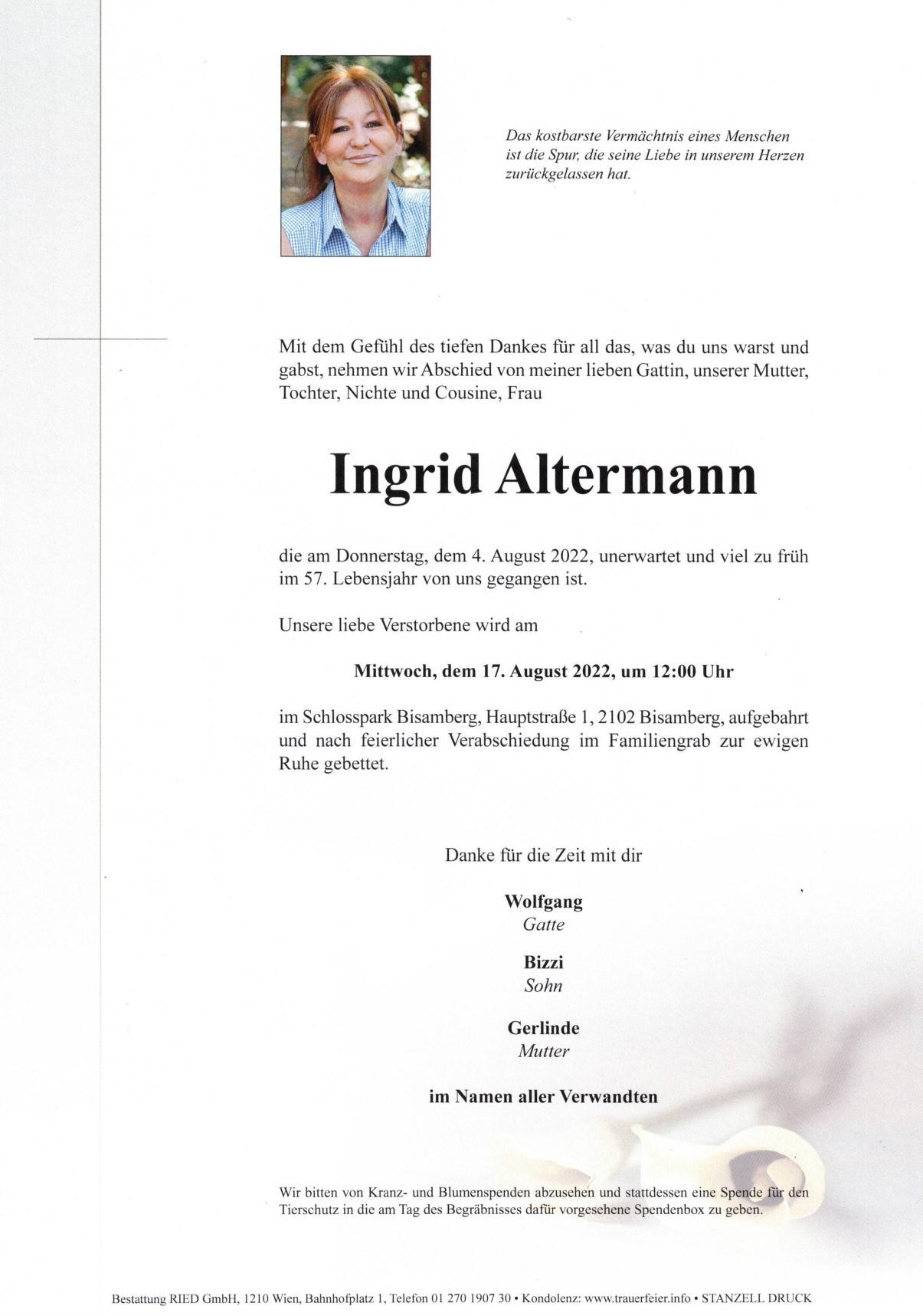 Traueranzeige von Ingrid Altermann