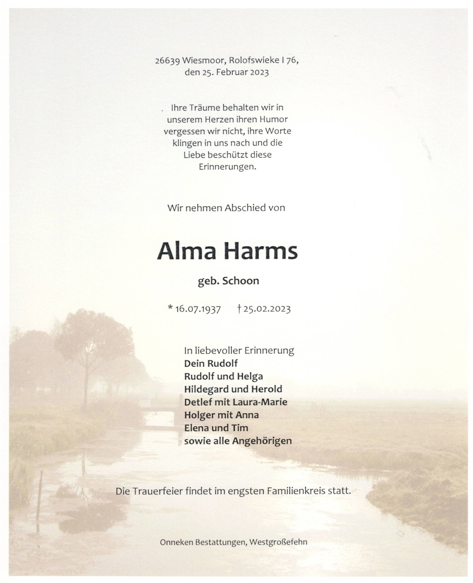 Traueranzeige von Alma Harms