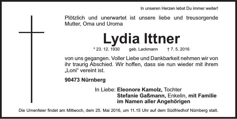 Traueranzeige von Lydia Ittner
