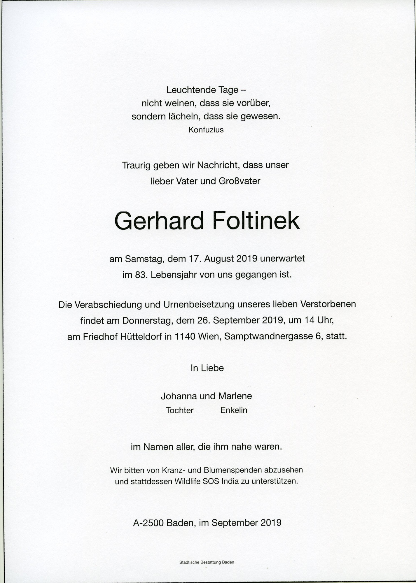 Traueranzeige von Gerhard Foltinek