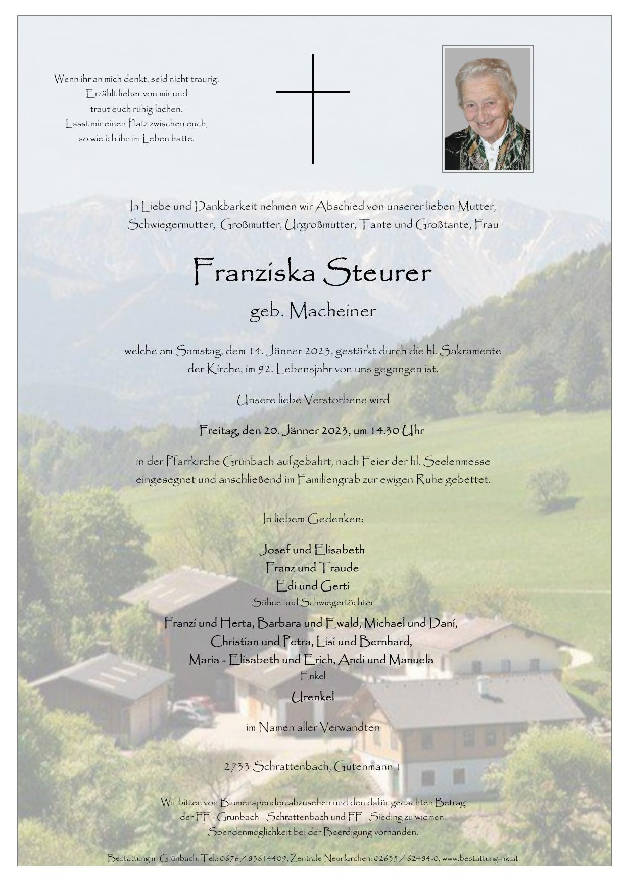Traueranzeige von Franziska Steurer