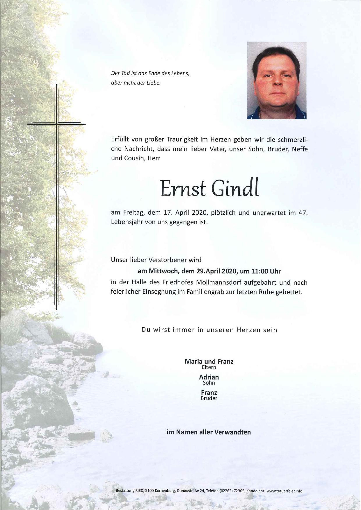 Traueranzeige von Ernst Gindl