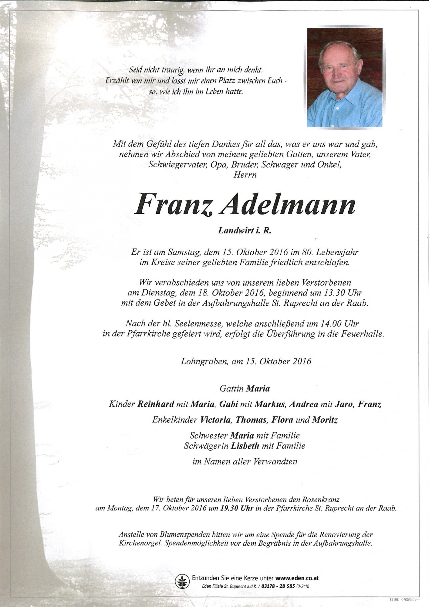 Traueranzeige von Franz Adelmann