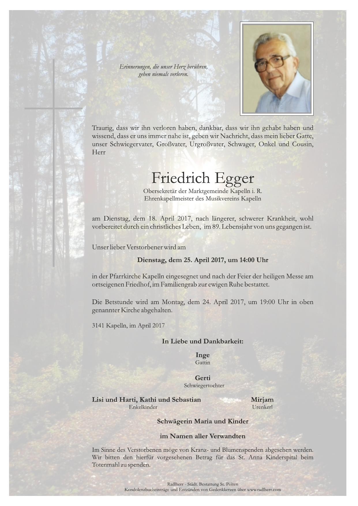 Traueranzeige von Friedrich Egger