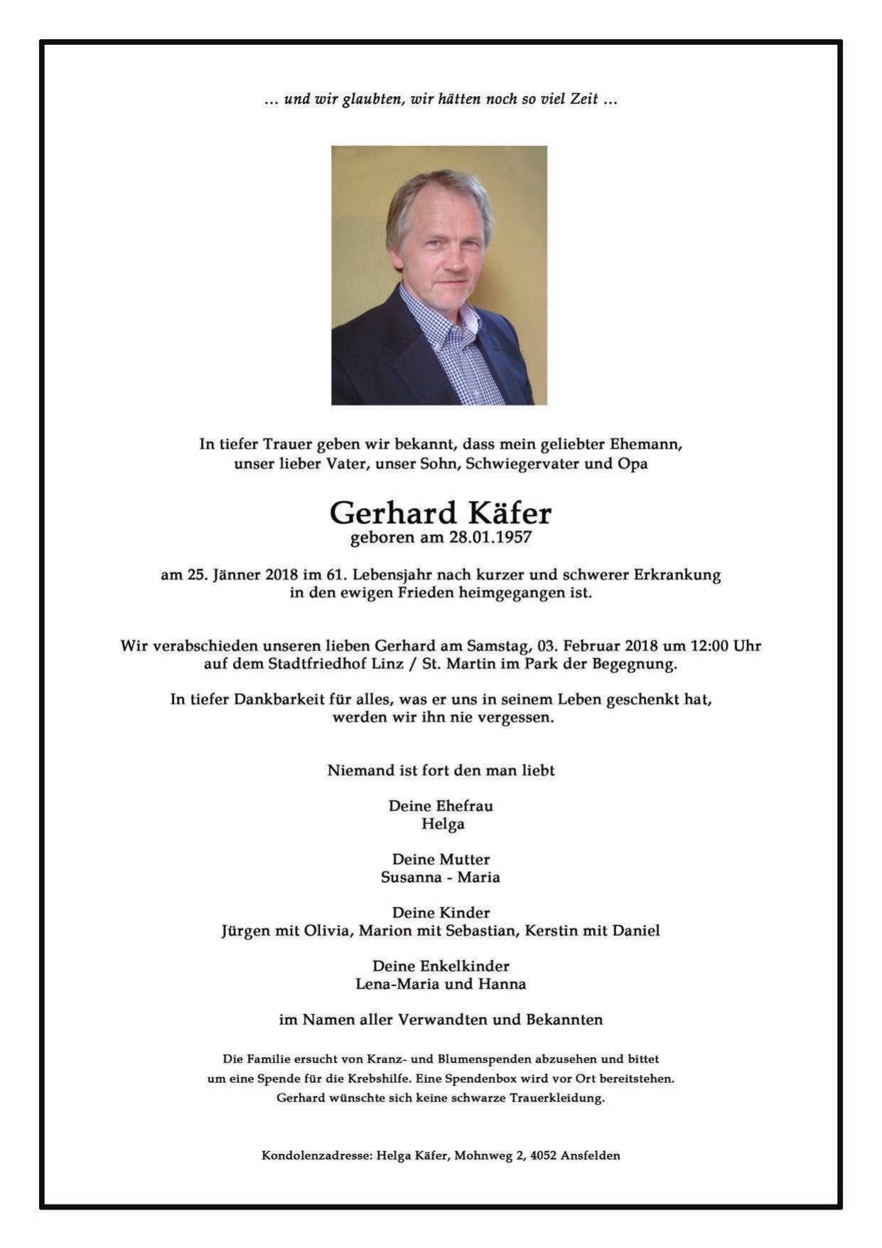 Traueranzeige von Gerhard Käfer