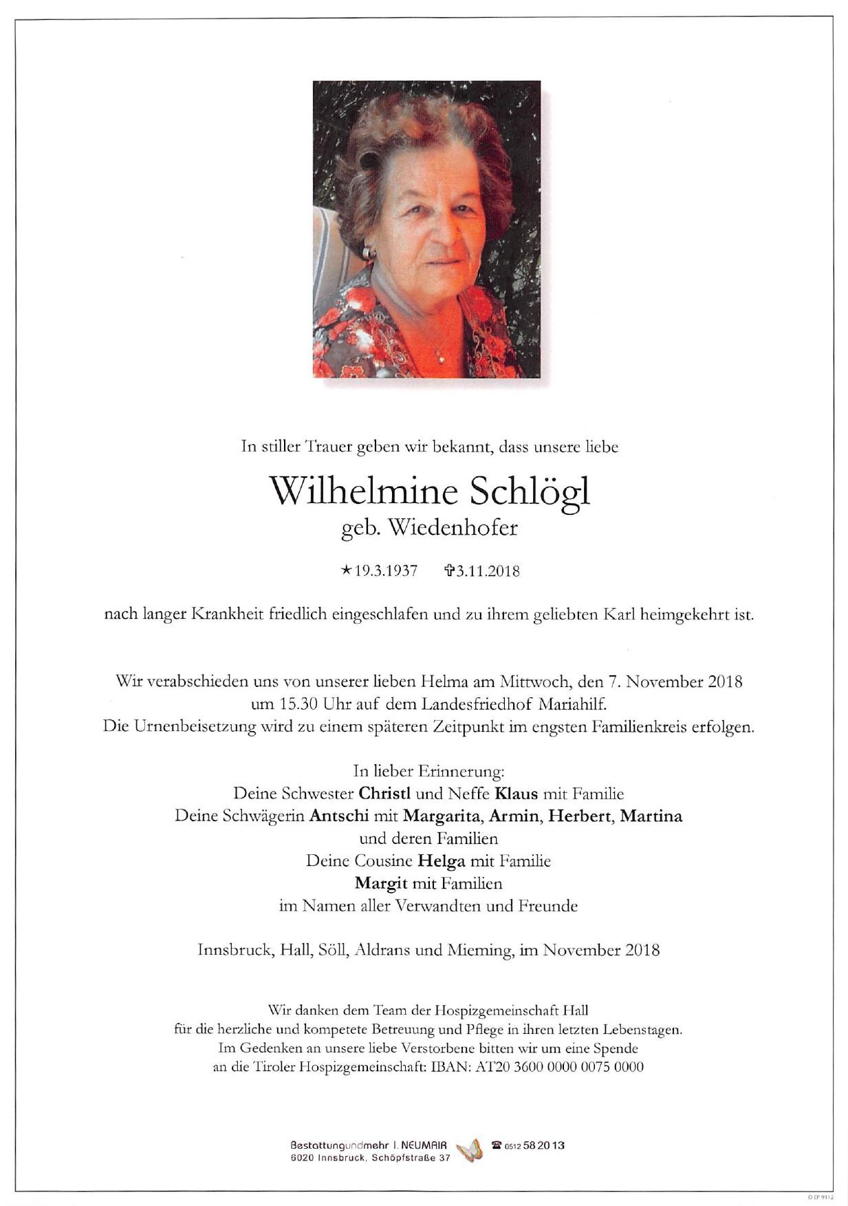 Traueranzeige von Wilhelmine Schlögl