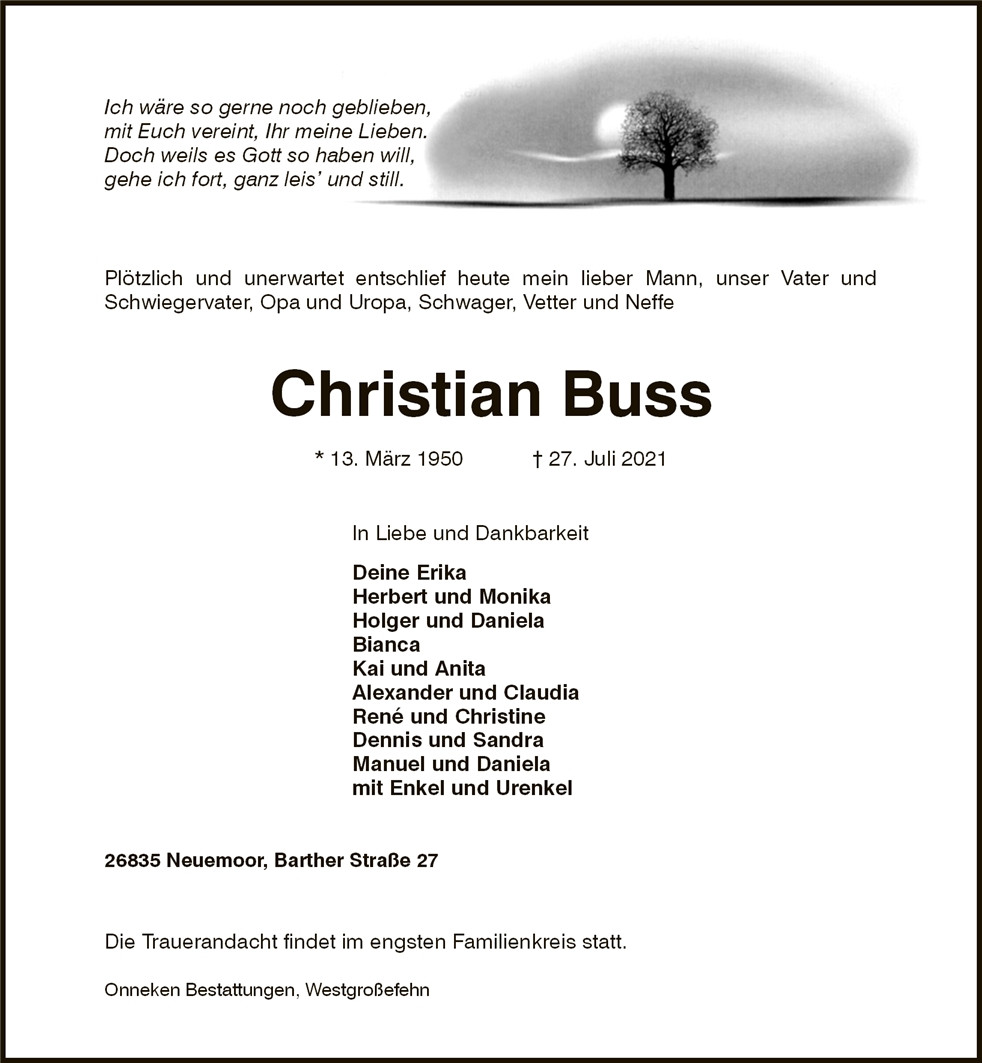 Traueranzeige von Christian Buss