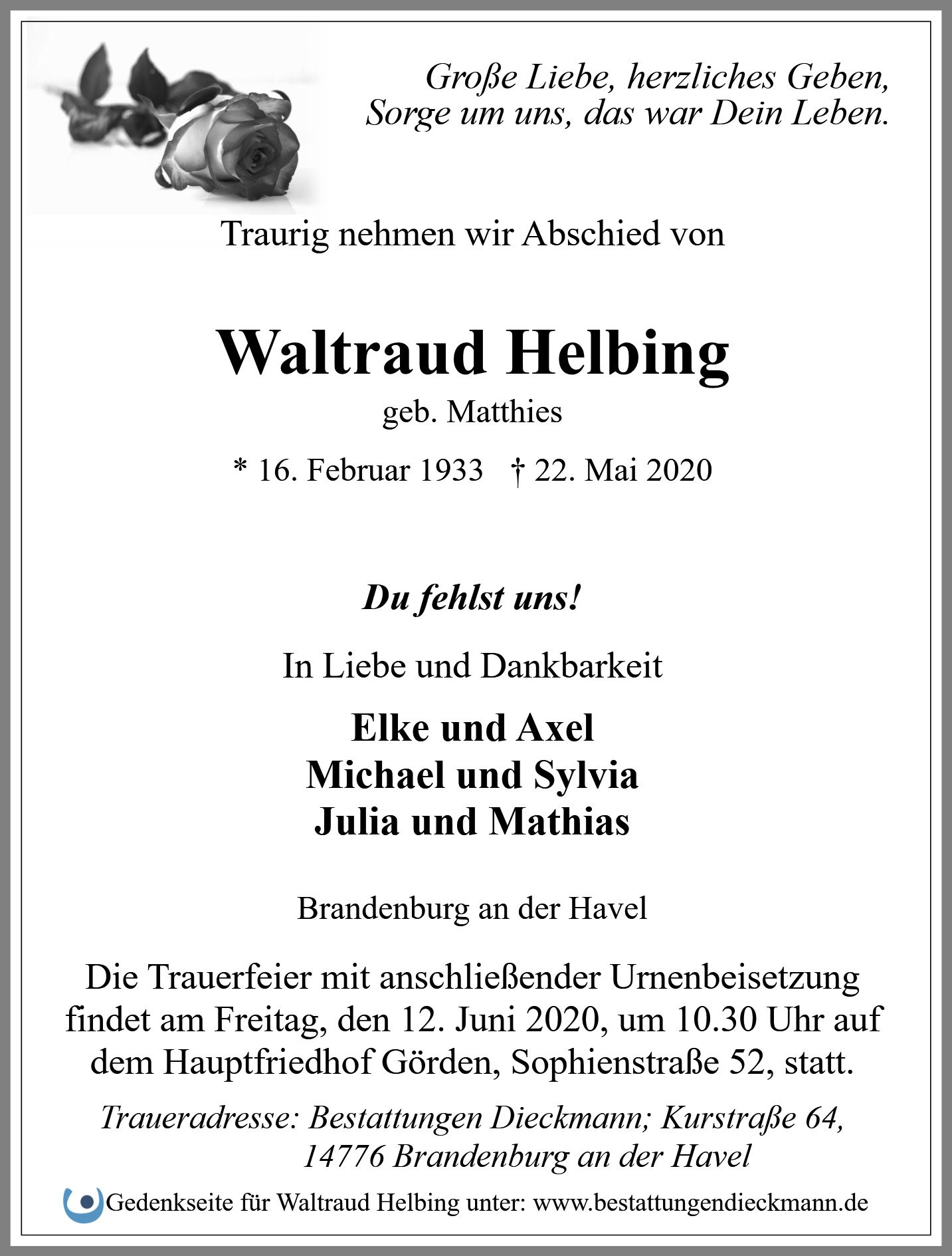 Traueranzeige von Waltraud Helbing