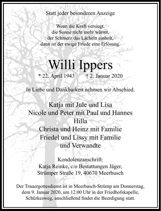 Traueranzeige von Willi Ippers
