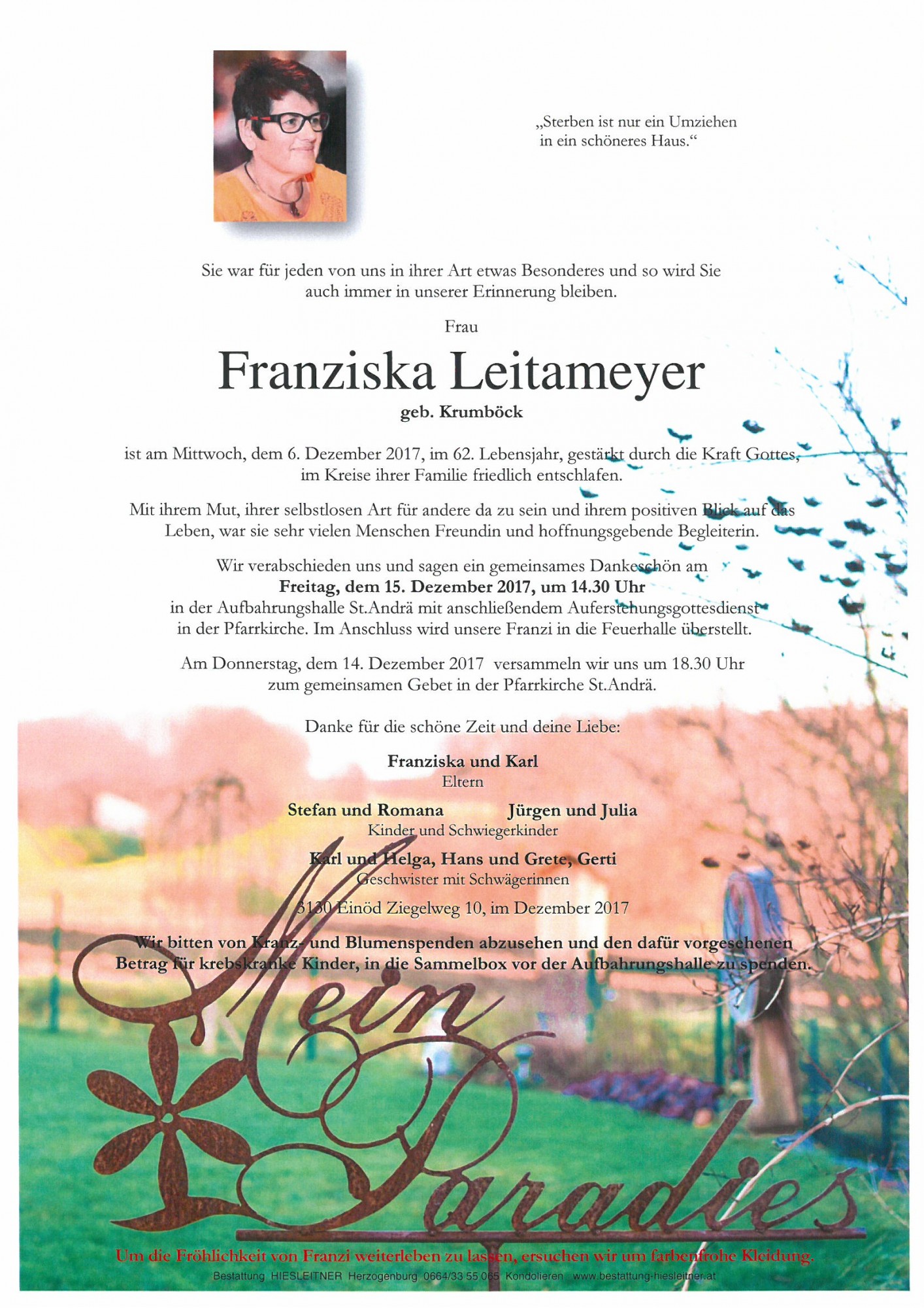 Traueranzeige von Franziska Leitameyer