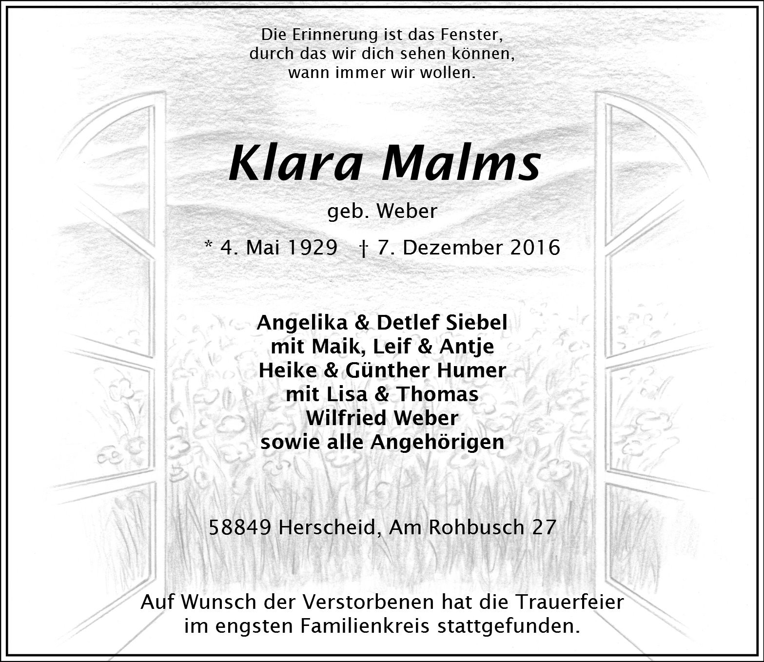 Traueranzeige von Klara Malms
