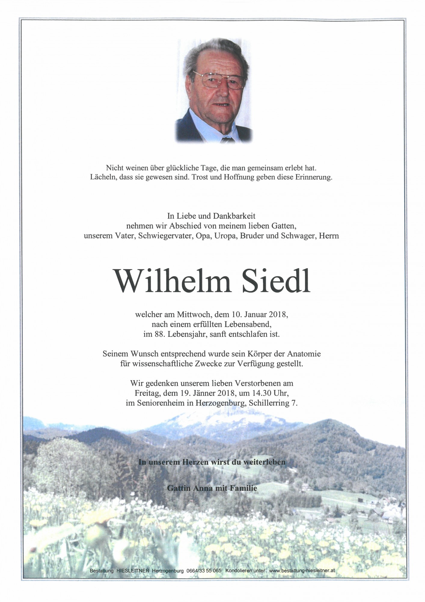 Traueranzeige von Wilhelm Siedl