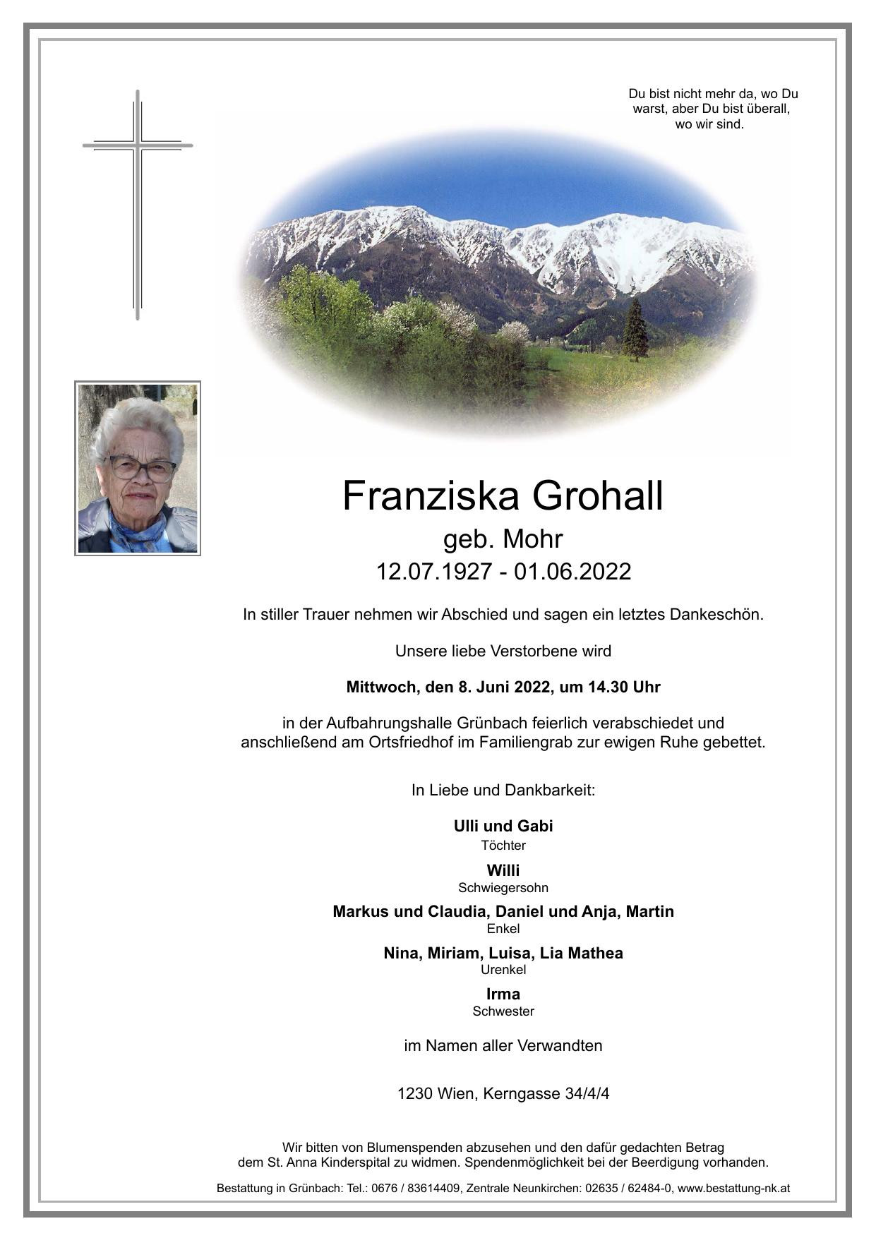 Traueranzeige von Franziska Grohall
