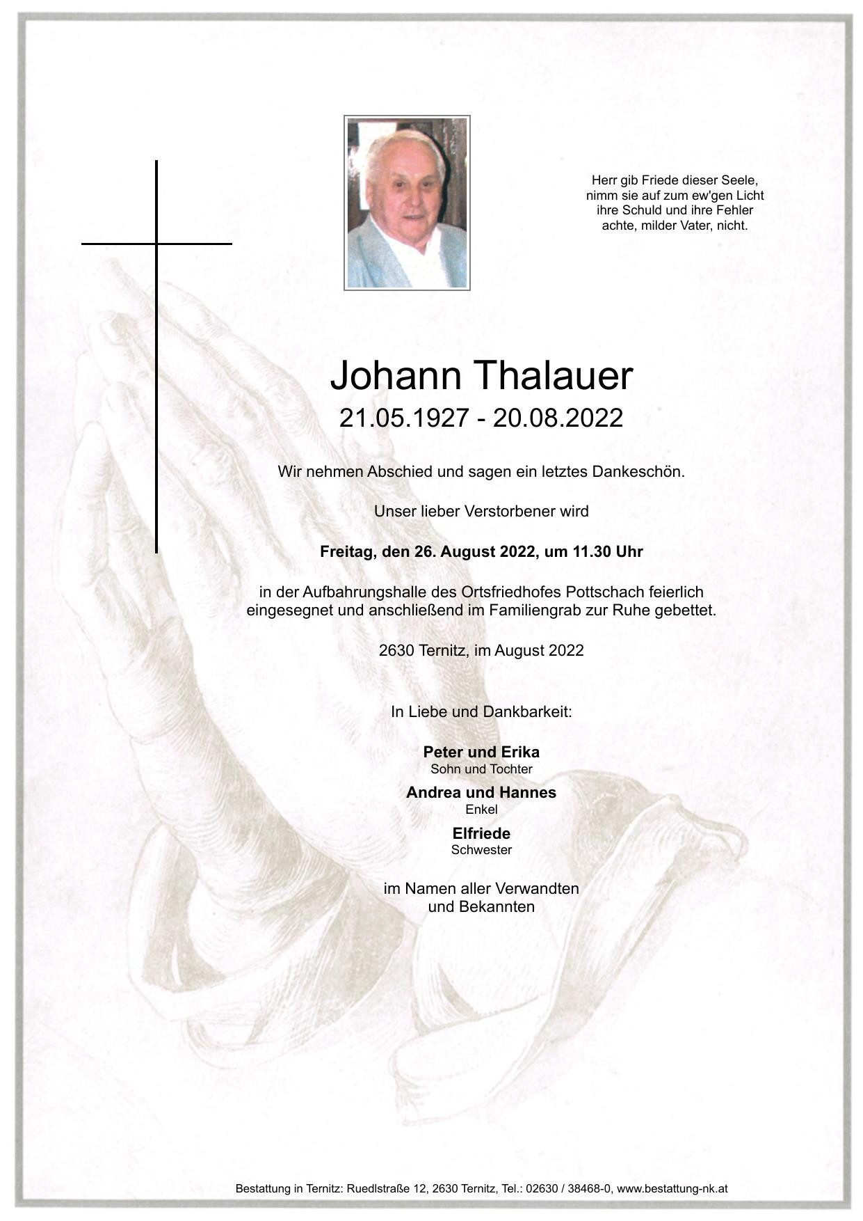 Traueranzeige von Johann Thalauer
