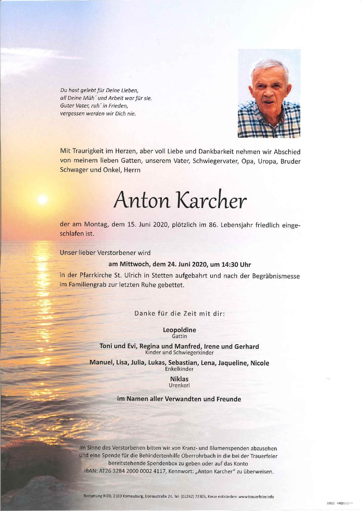 Traueranzeige von Anton Karcher