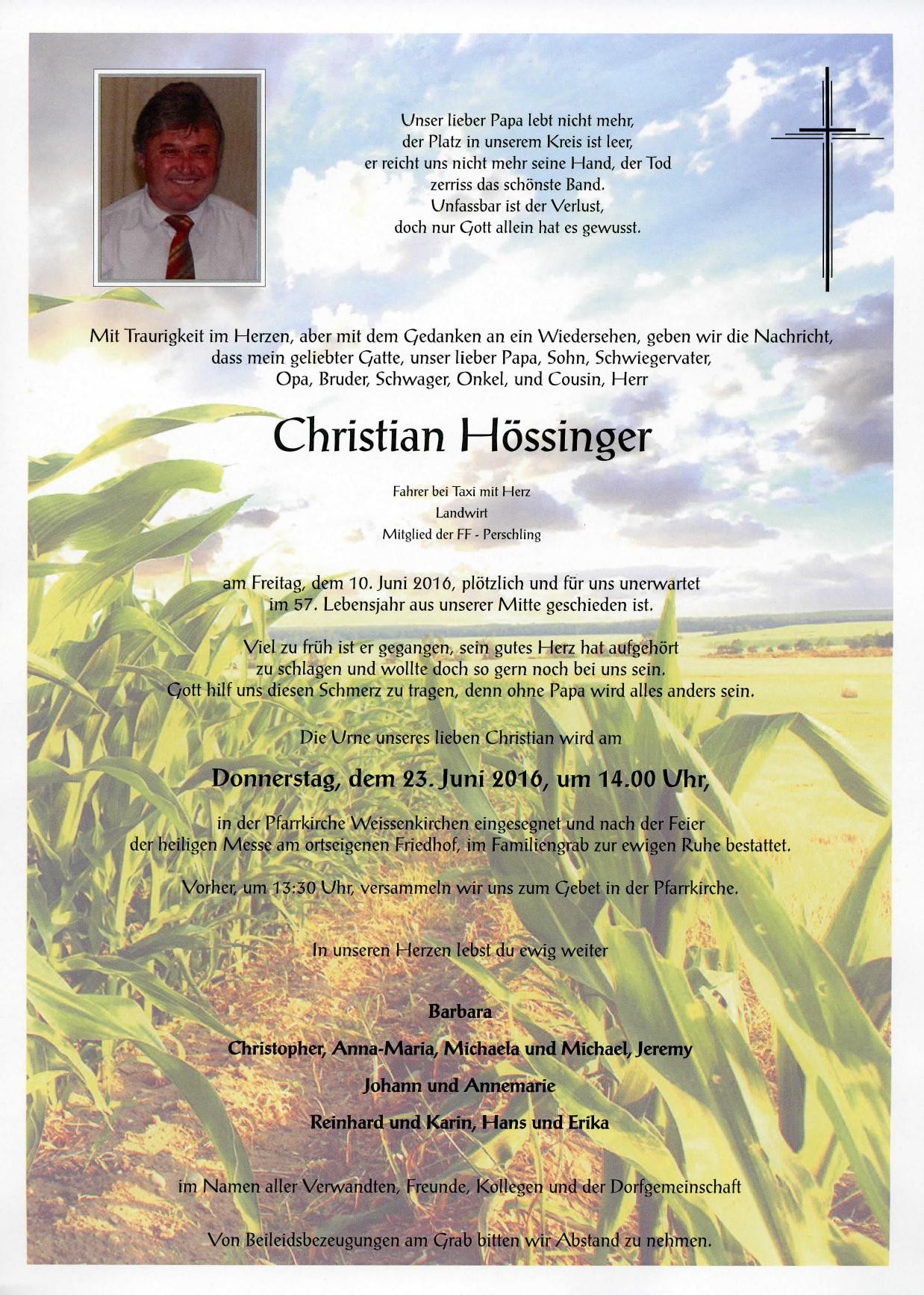 Traueranzeige von Christian Hössinger