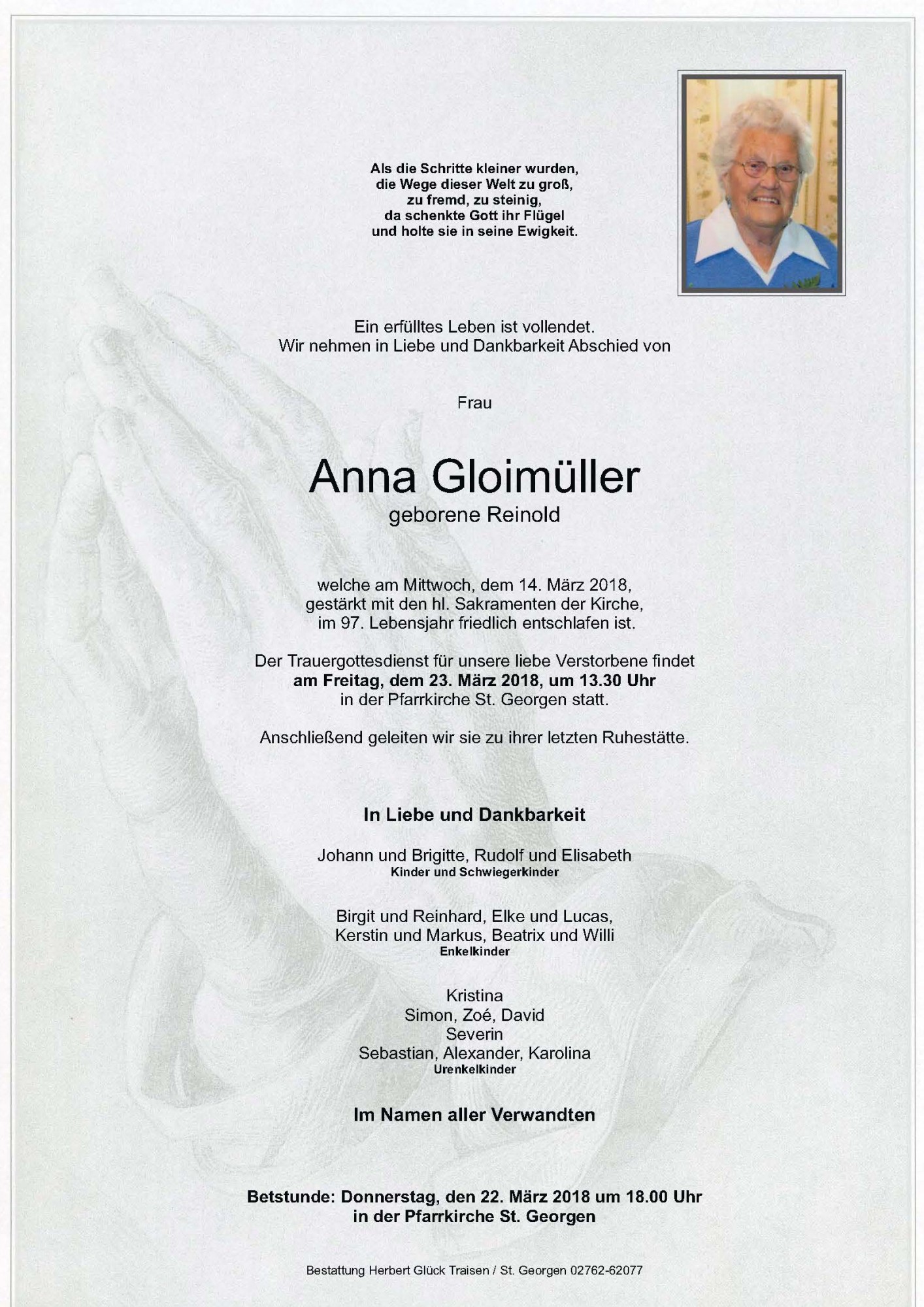 Traueranzeige von Anna Gloimüller