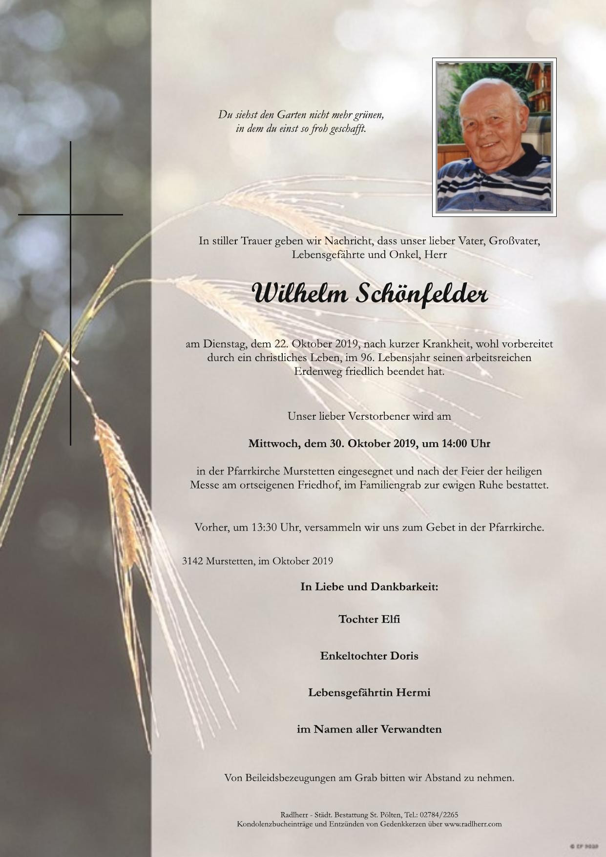 Traueranzeige von Wilhelm Schönfelder