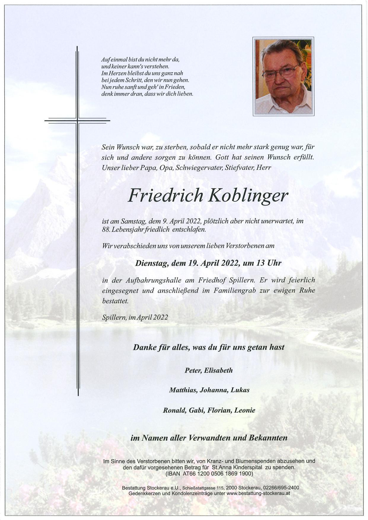 Traueranzeige von Friedrich Koblinger