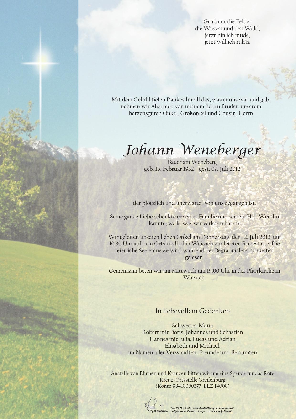 Traueranzeige von Johann Weneberger