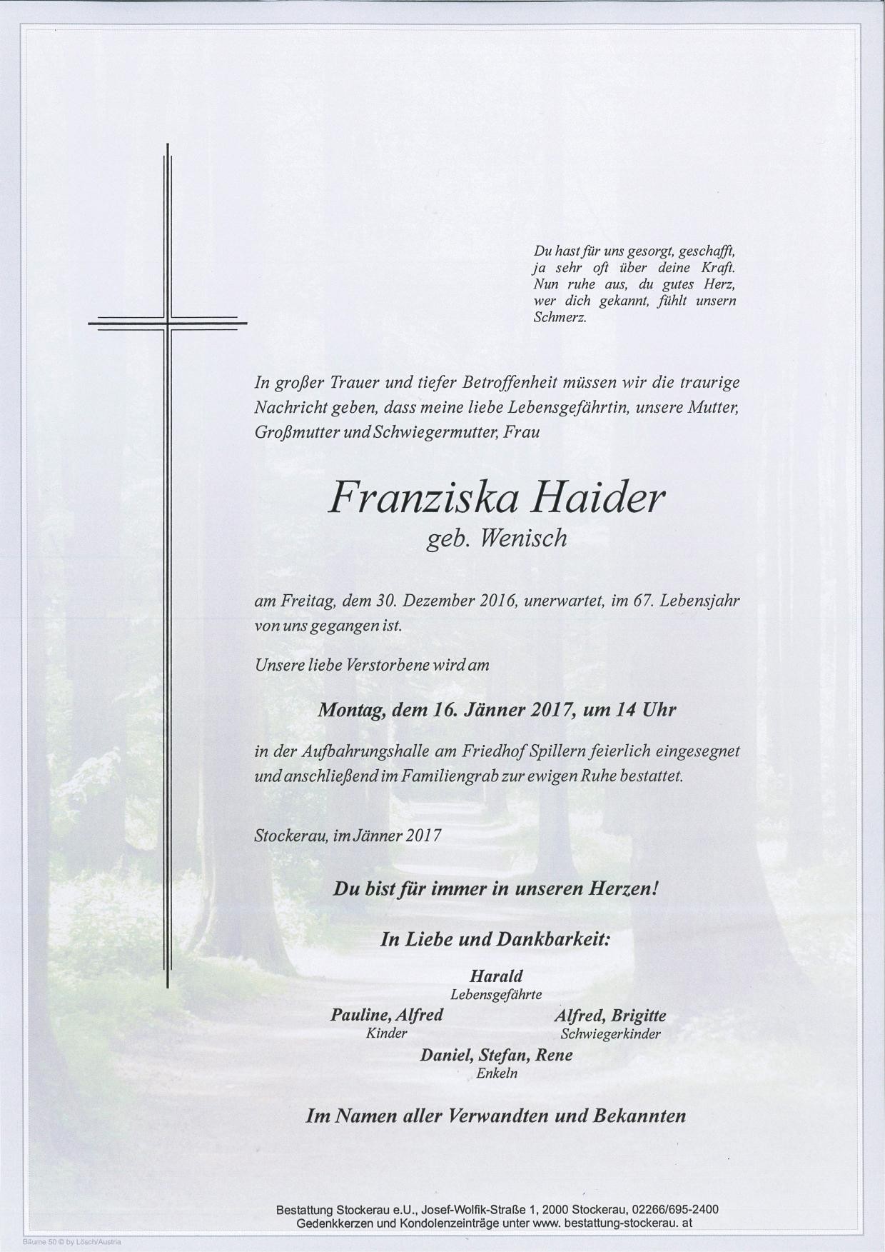 Traueranzeige von Franziska Haider