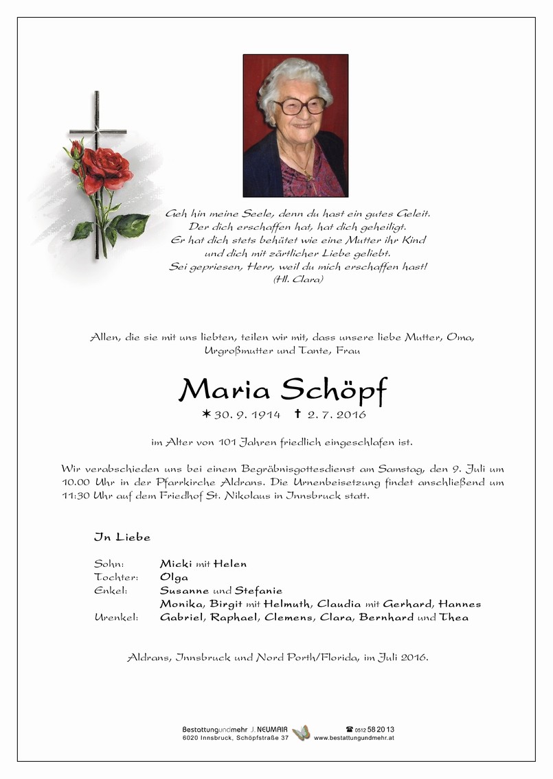 Traueranzeige von Maria Schöpf