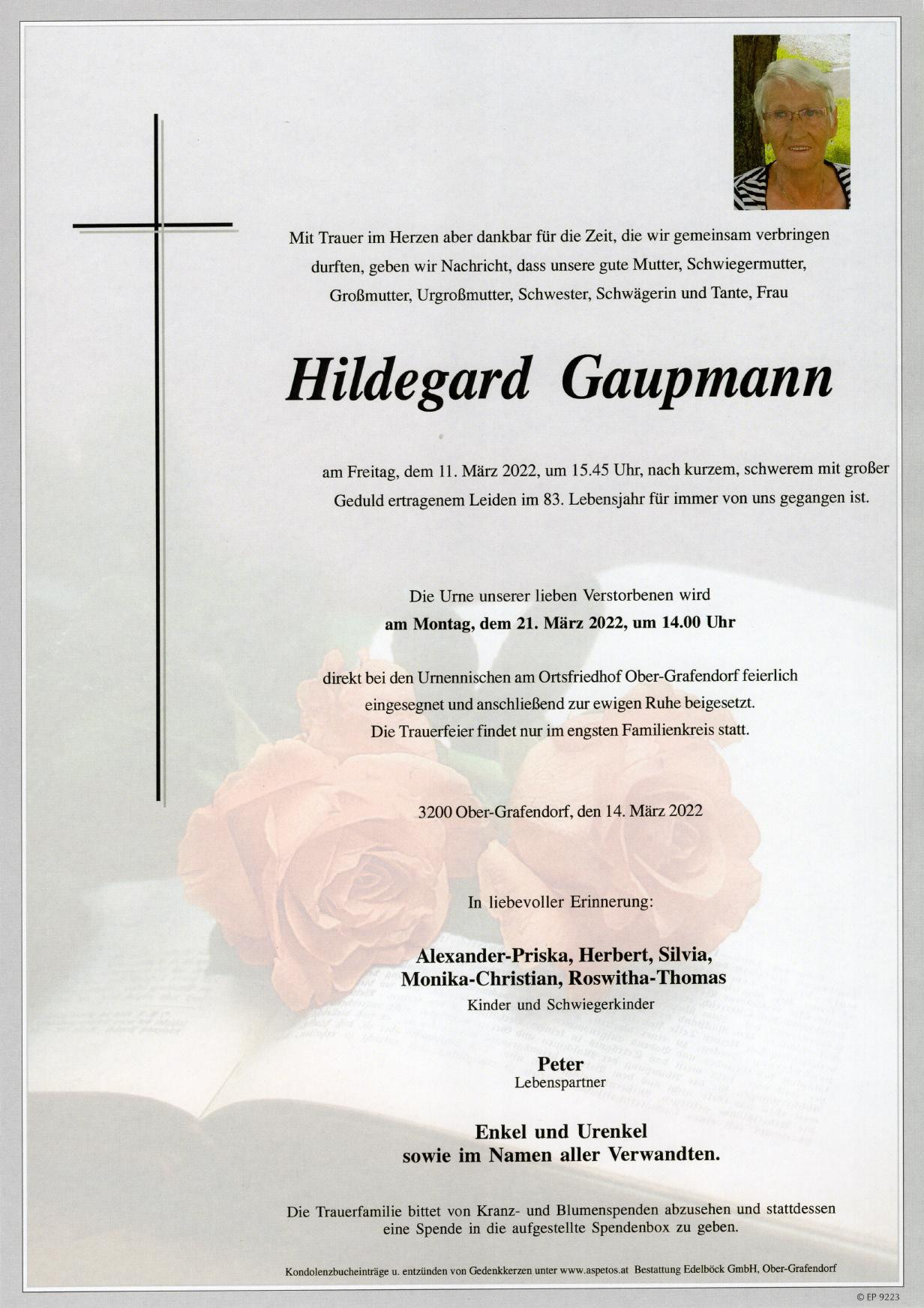 Traueranzeige von Hildegard Gaupmann