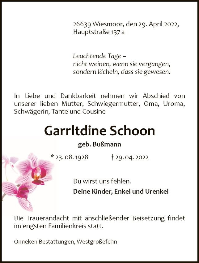 Traueranzeige von Garrltdine Schoon