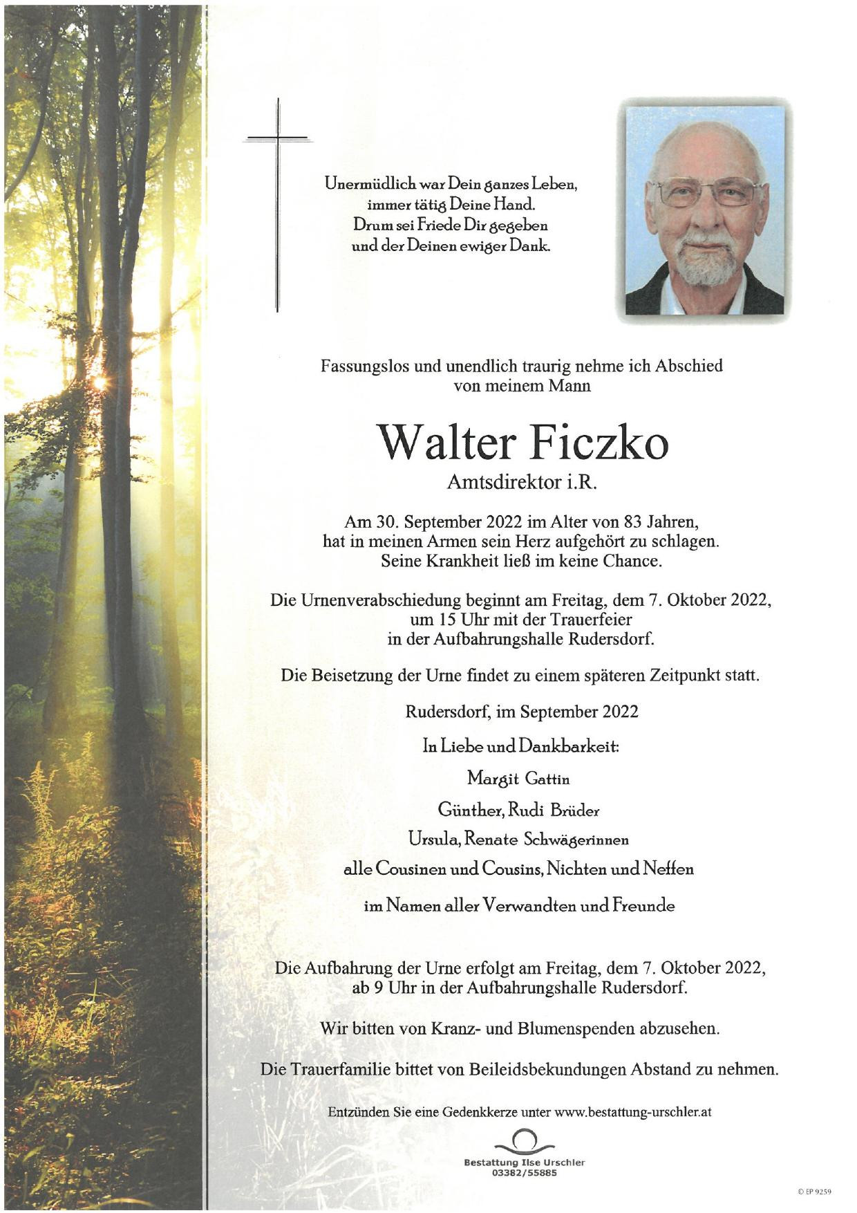 Traueranzeige von Walter Ficzko