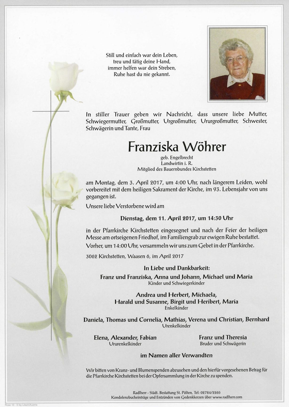 Traueranzeige von Franziska Wöhrer