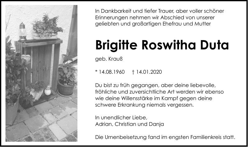 Traueranzeige von Brigitte Roswitha Duta