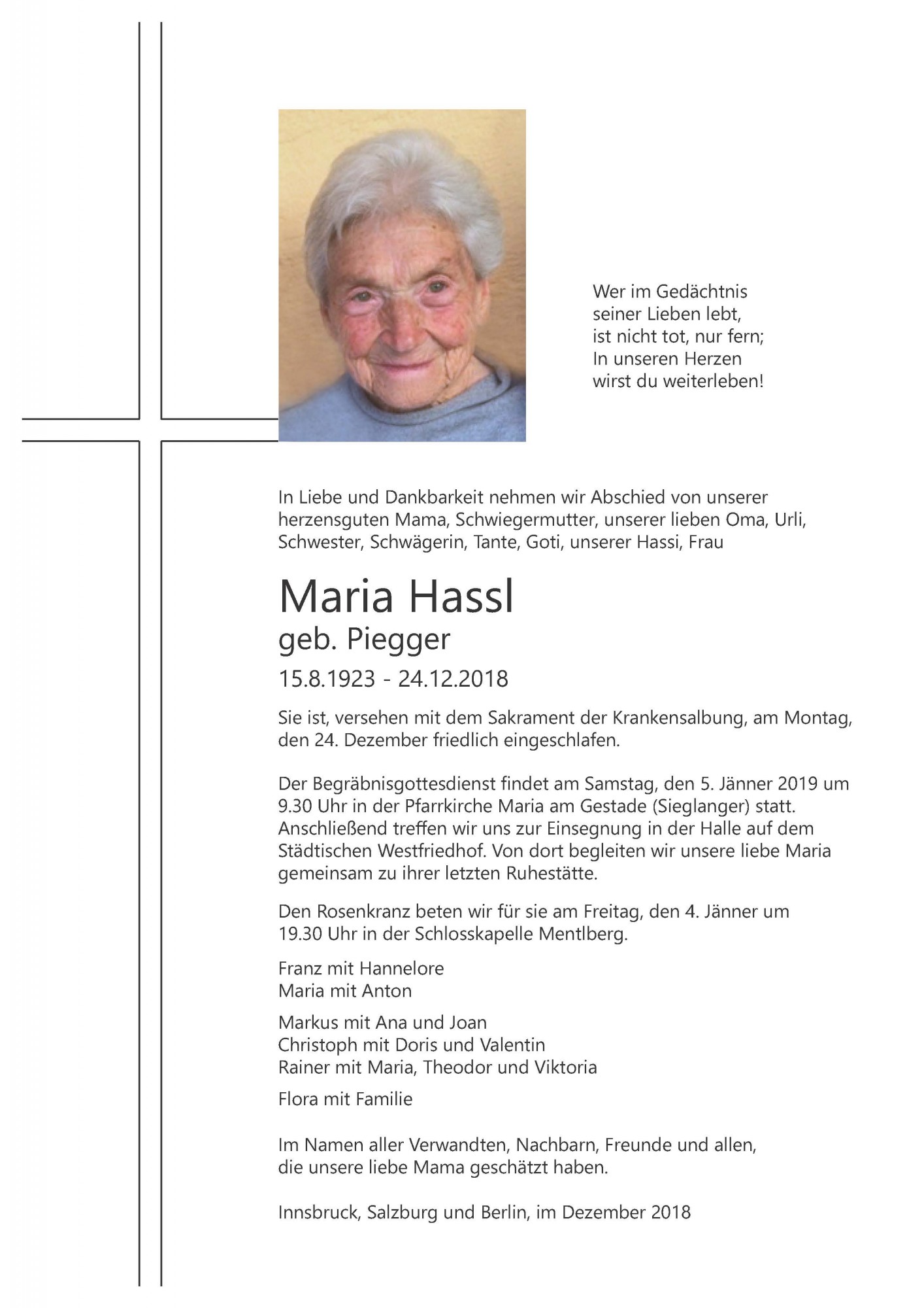 Traueranzeige von Maria Hassl