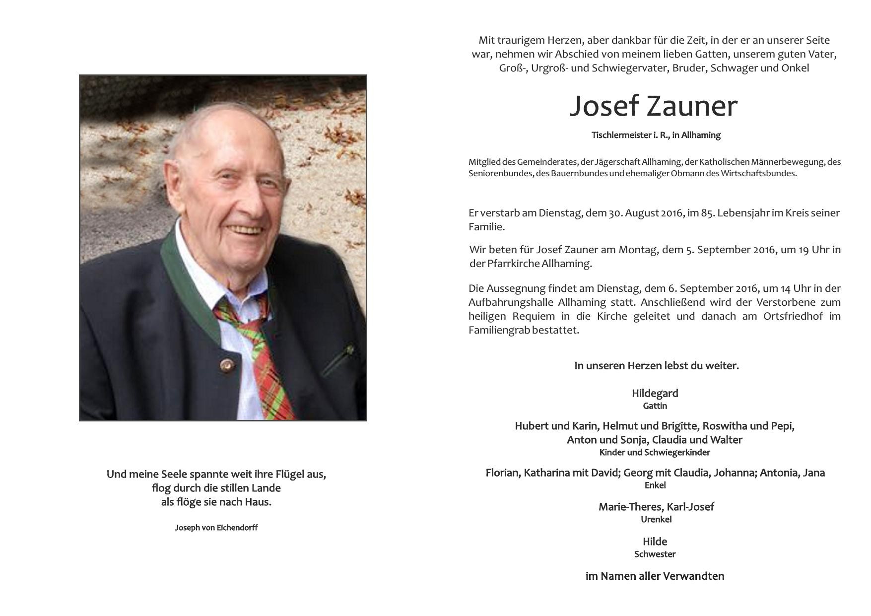 Traueranzeige von Josef Zauner