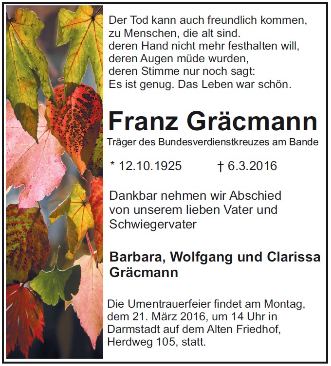 Traueranzeige von Franz Gräcmann