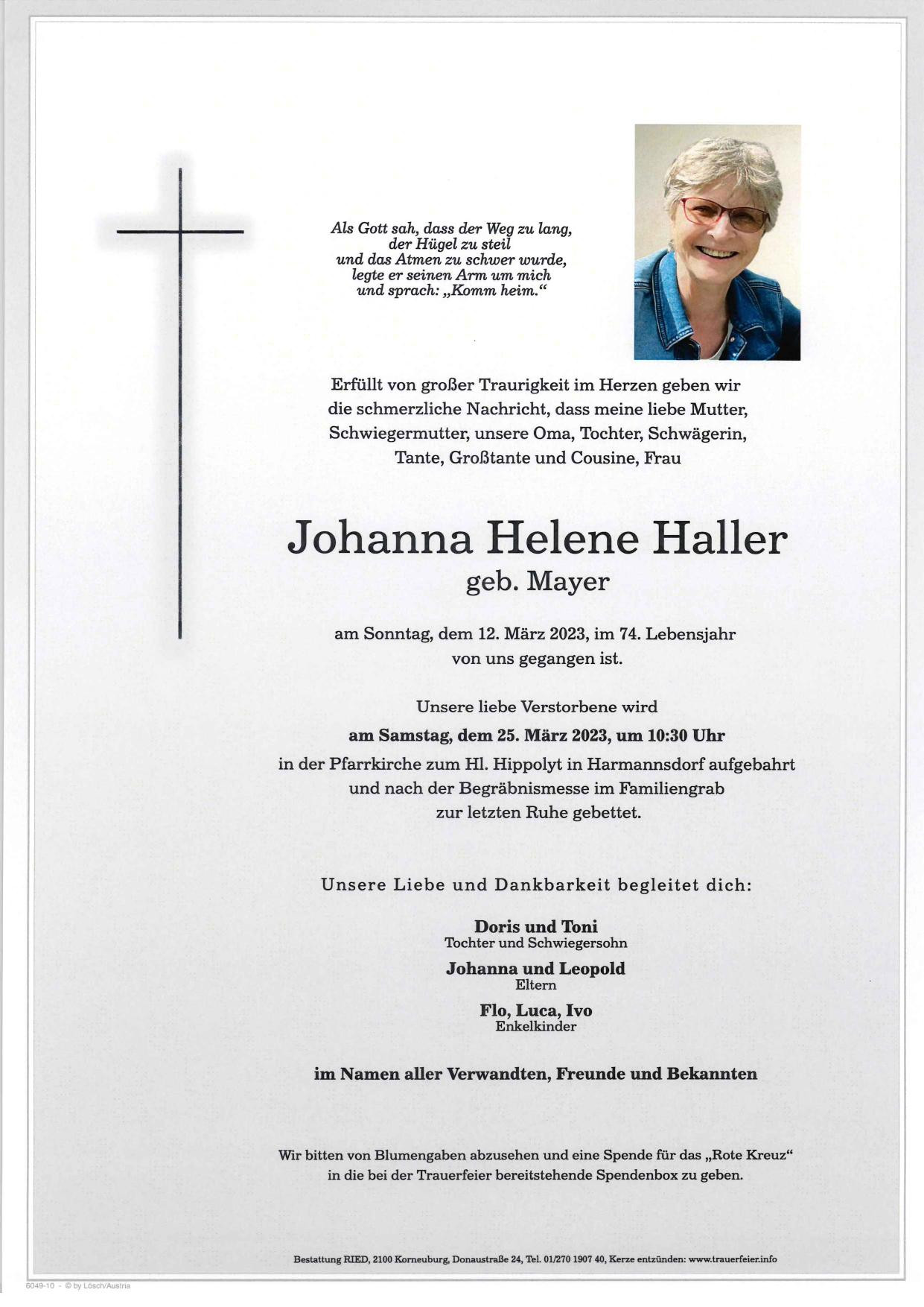 Traueranzeige von Johanna Helene Haller