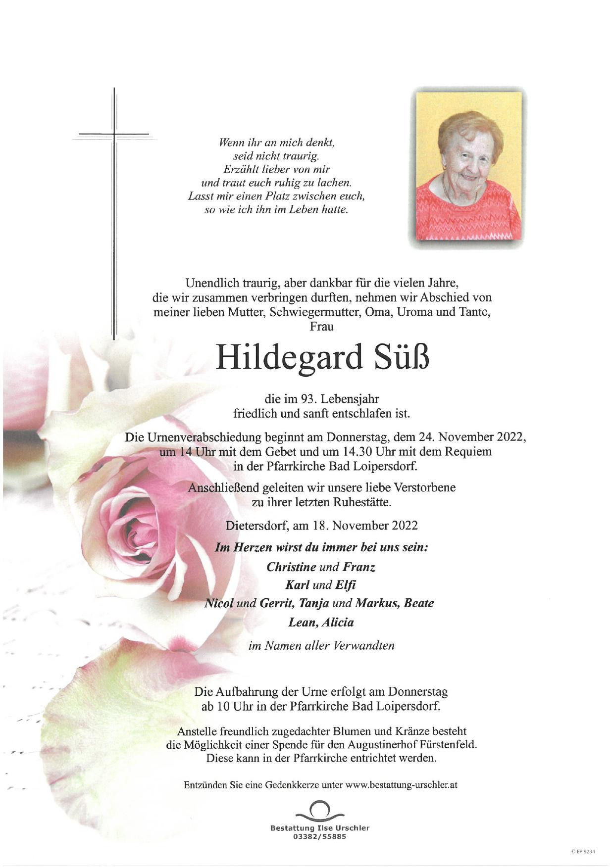 Traueranzeige von Hildegard Süß