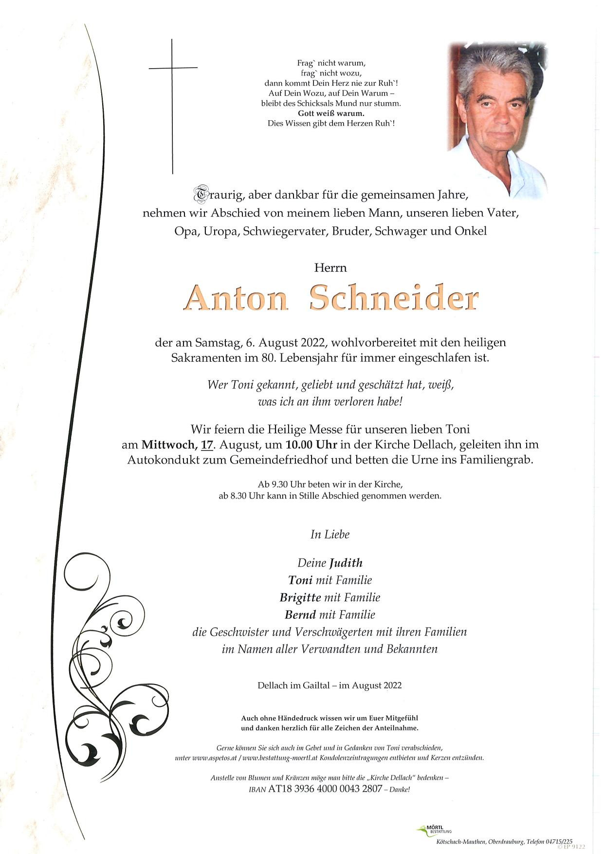 Traueranzeige von Anton Schneider