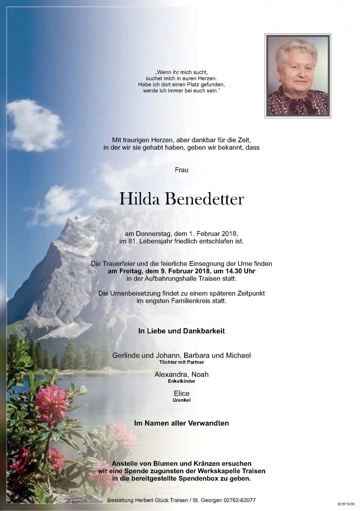 Traueranzeige von Hilda Benedetter