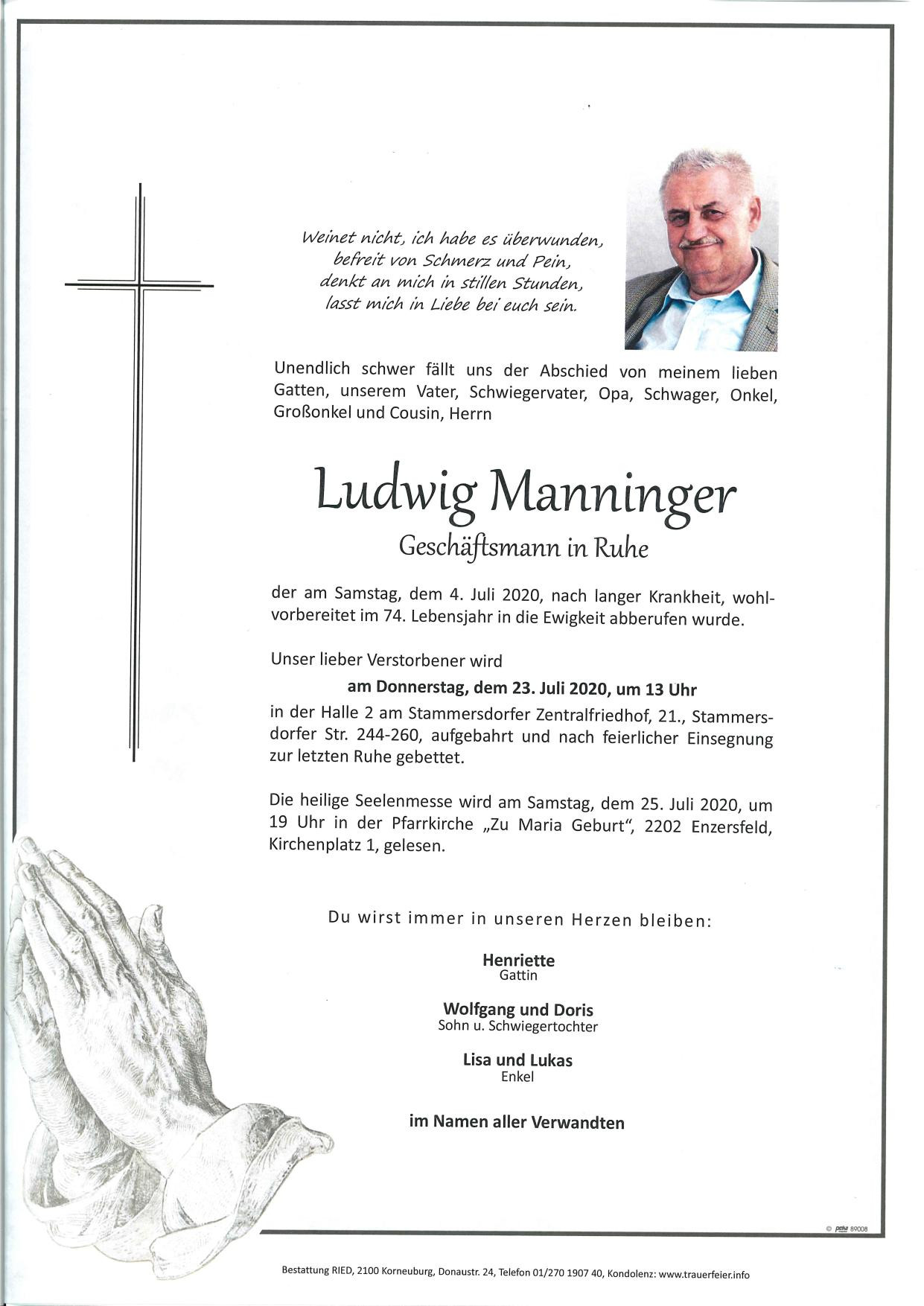 Traueranzeige von Ludwig Manninger
