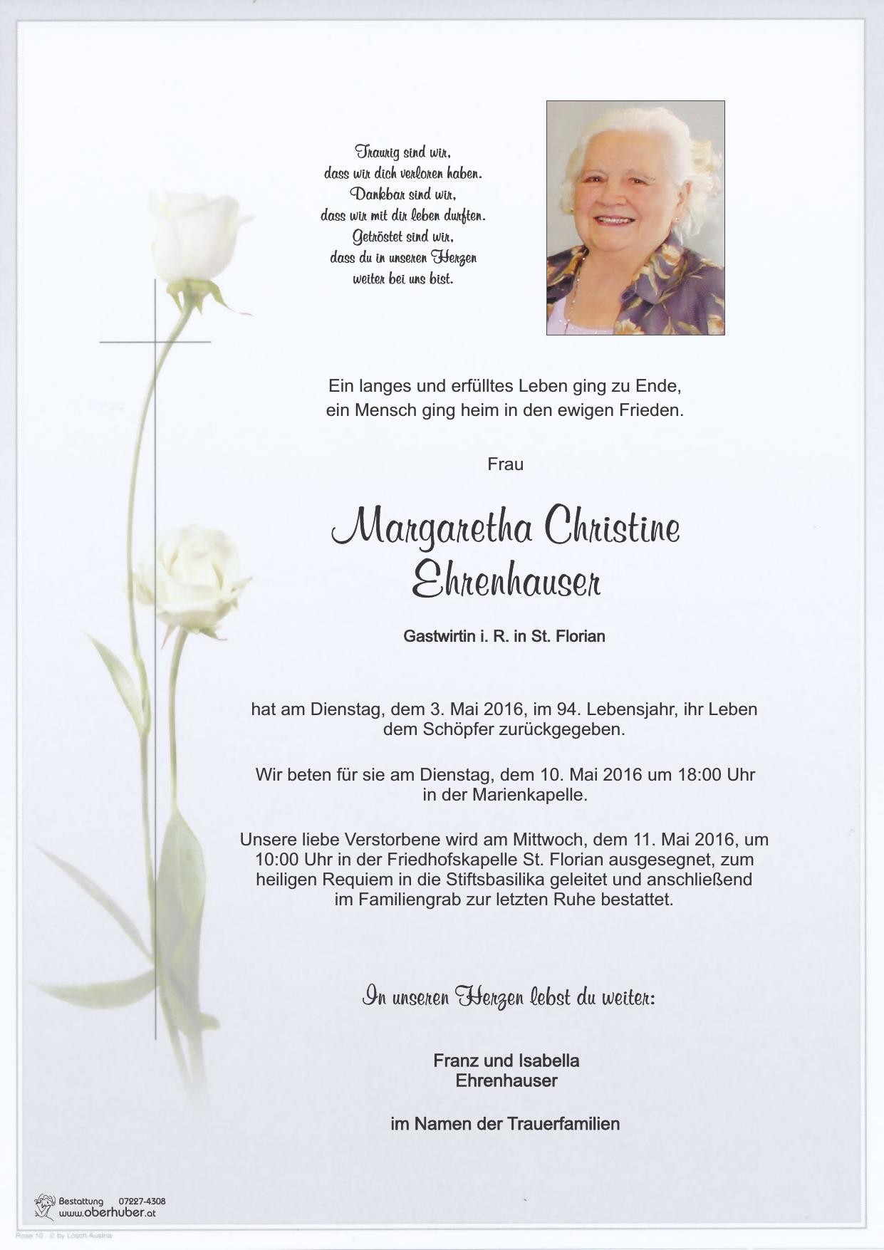 Traueranzeige von Margaretha Christine Ehrenhauser