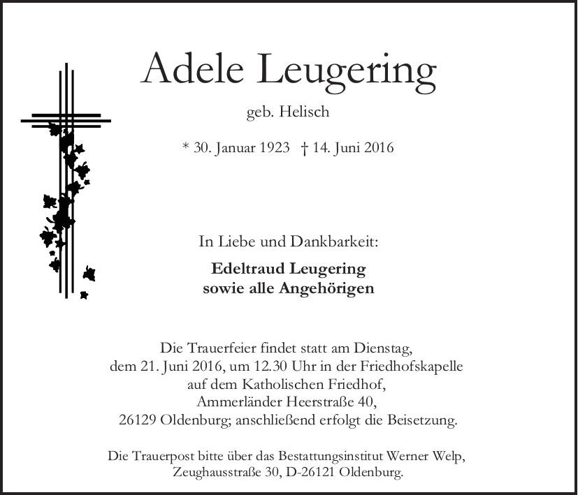 Traueranzeige von Adele Leugering