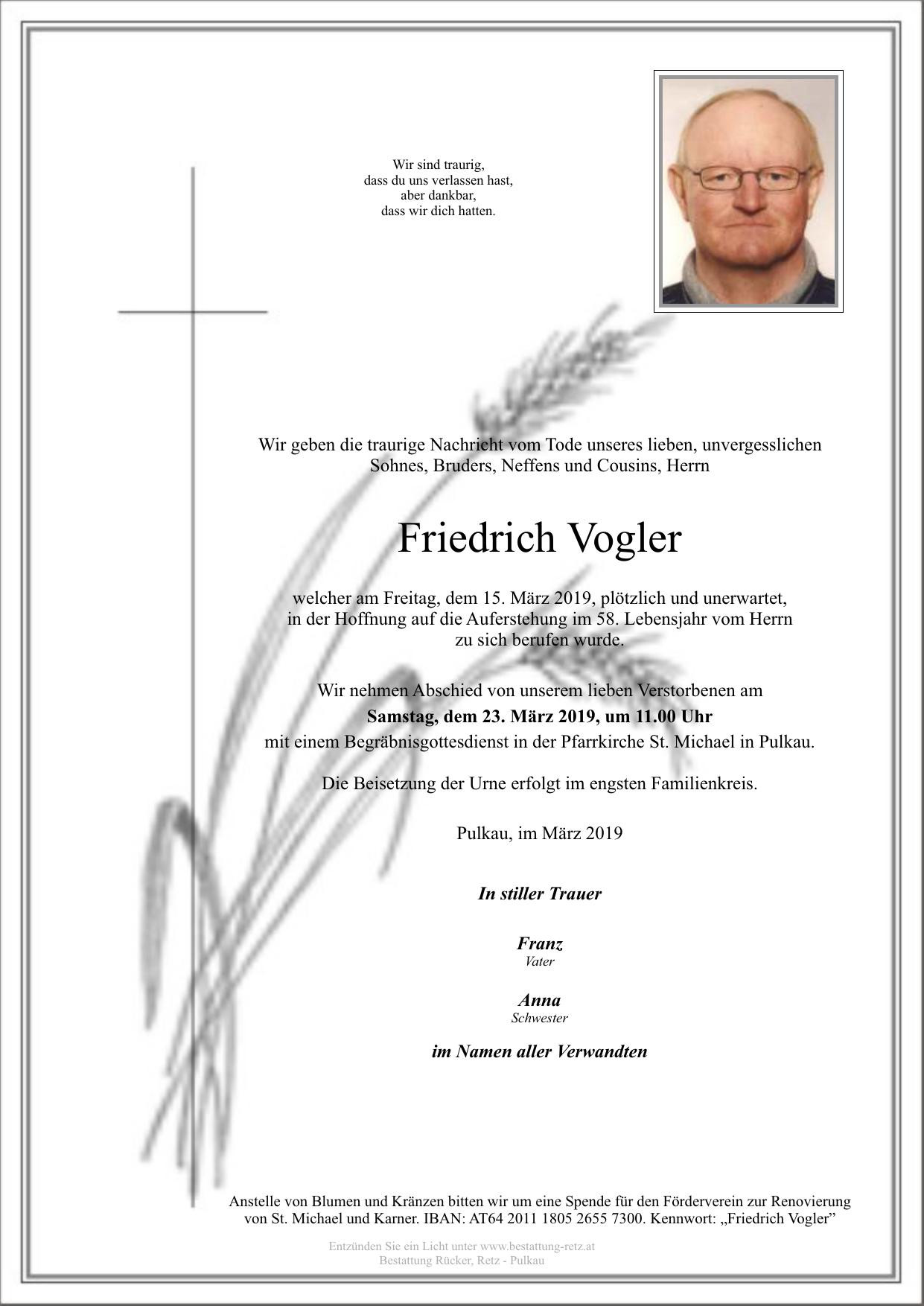 Traueranzeige von Friedrich Vogler