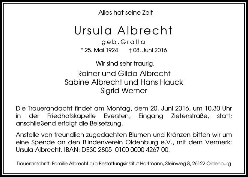 Traueranzeige von Ursula Albrecht