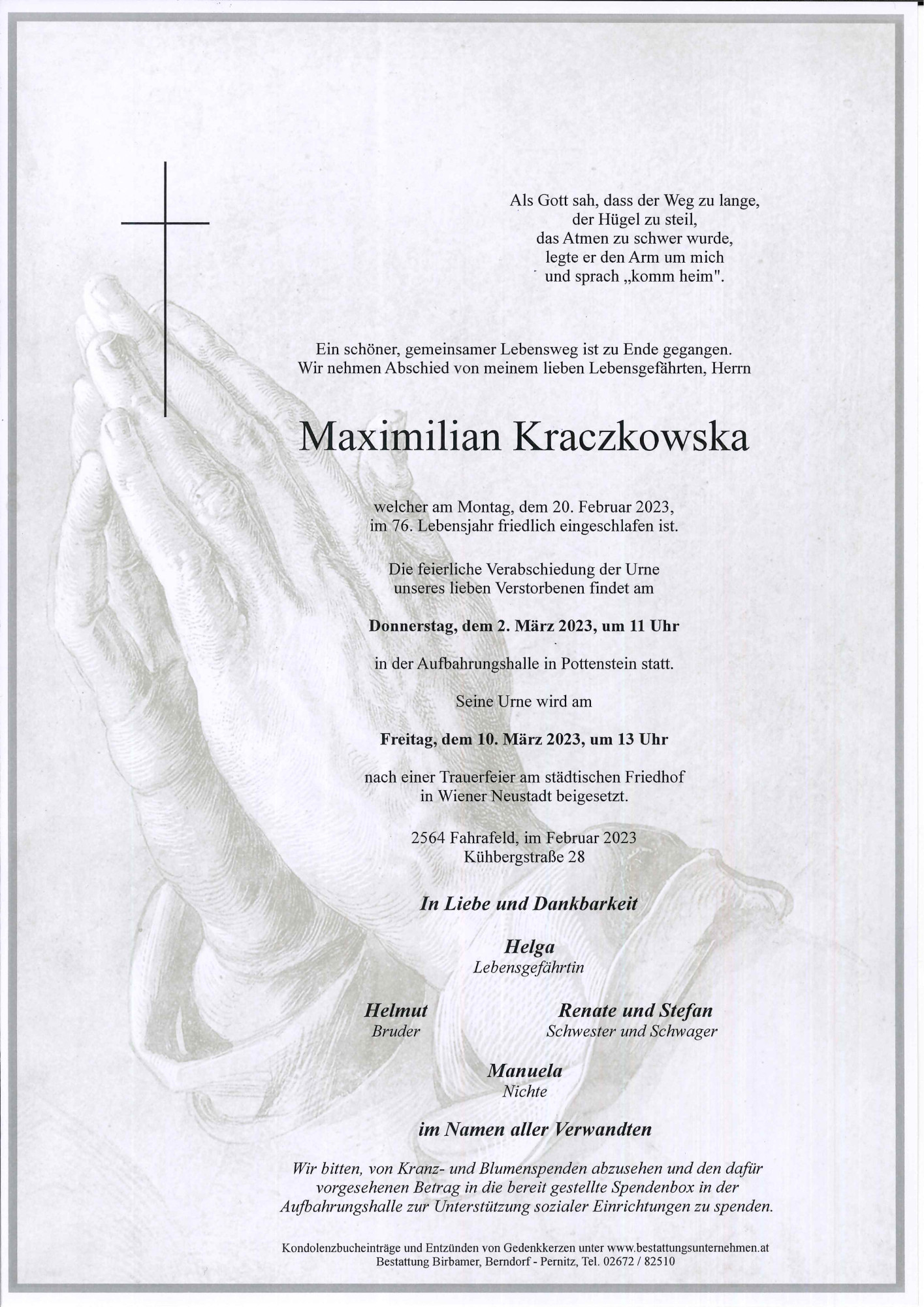 Traueranzeige von Maximilian Krackowska