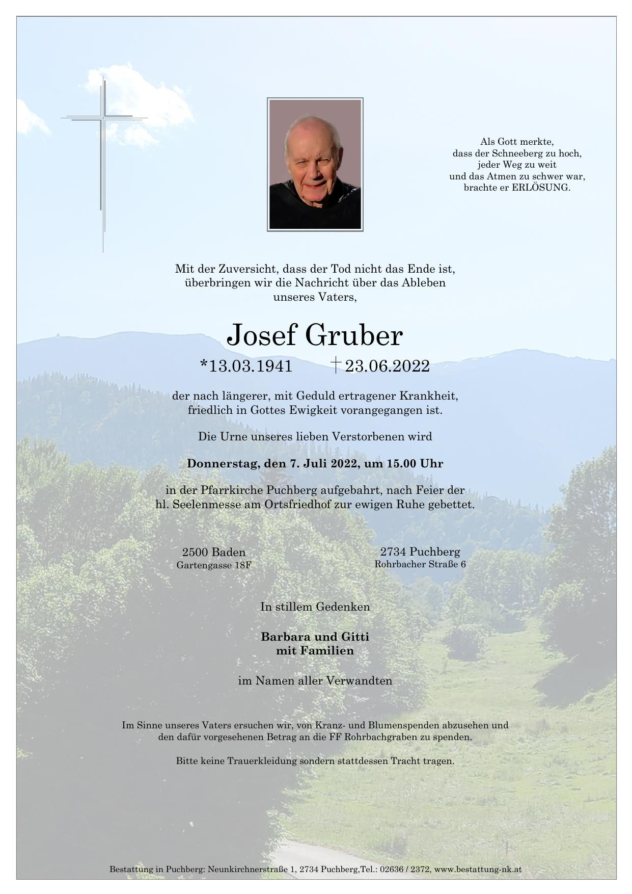 Traueranzeige von Josef Gruber