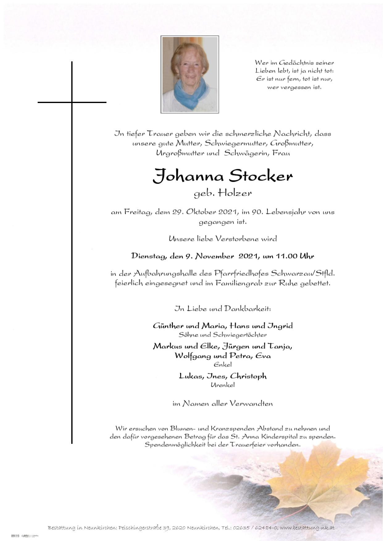 Traueranzeige von Johanna Stocker