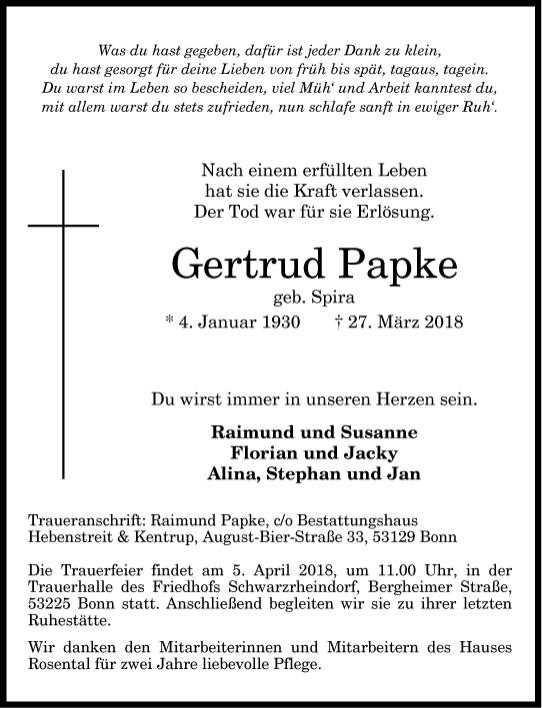 Traueranzeige von Gertrud Papke