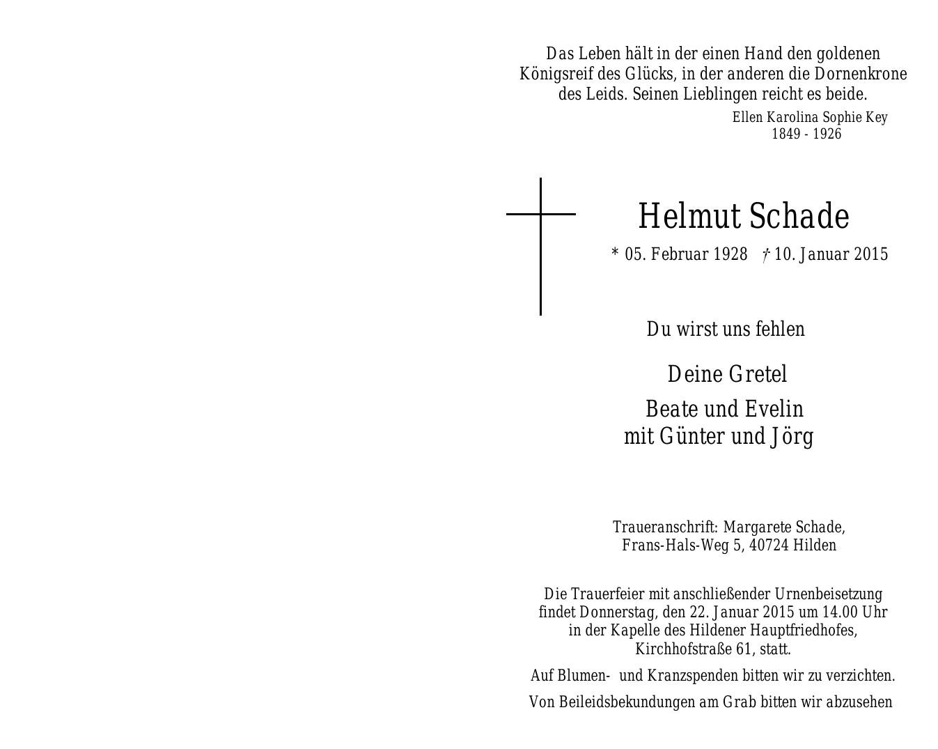 Traueranzeige von Helmut Schade