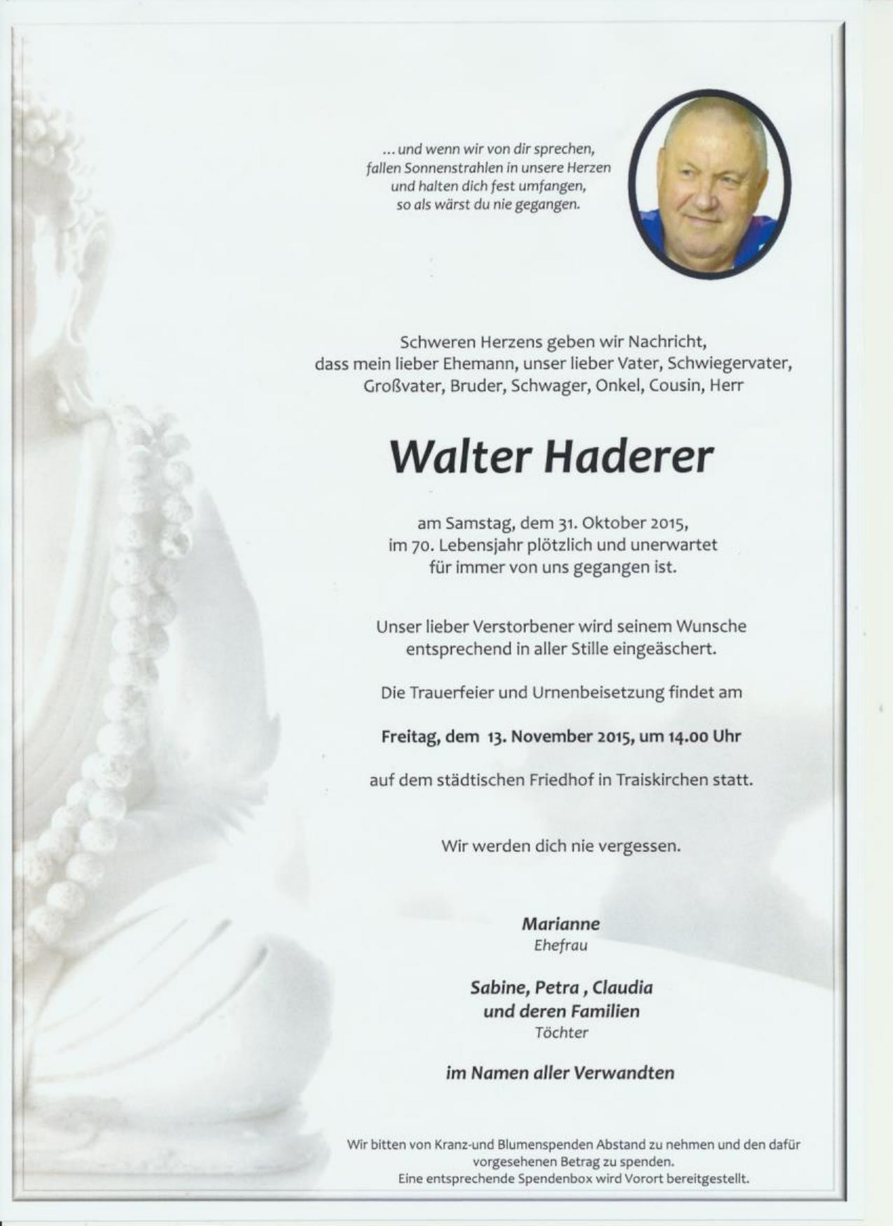 Traueranzeige von Walter Haderer