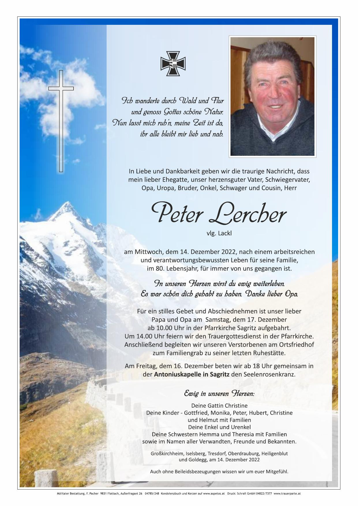 Traueranzeige von Peter Lercher